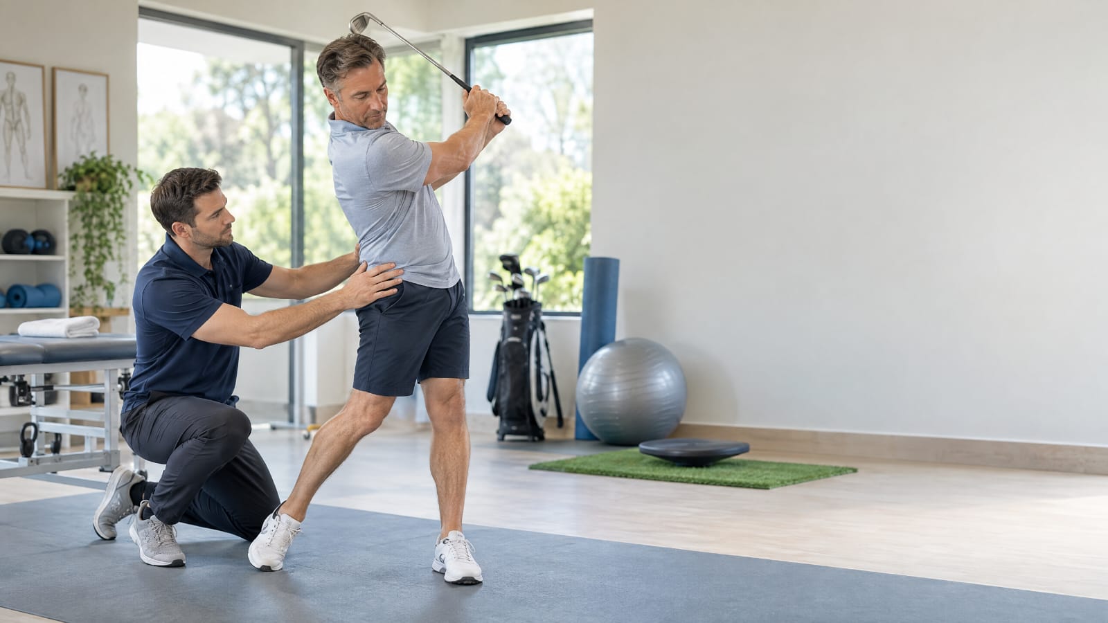 Physiotherapist performing TPI golf assessment