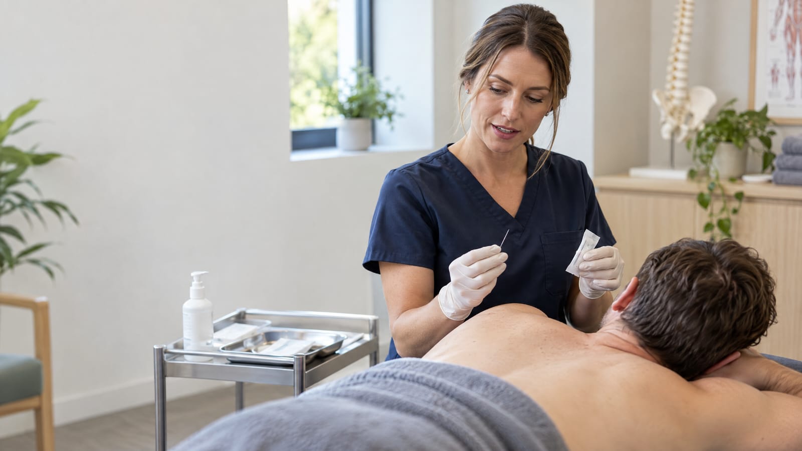 Physiotherapist performing dry needling treatment