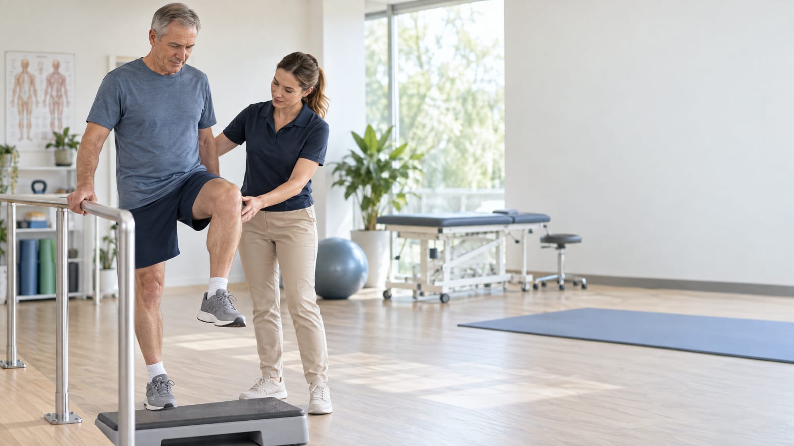 Physiotherapist guiding post-surgical rehabilitation