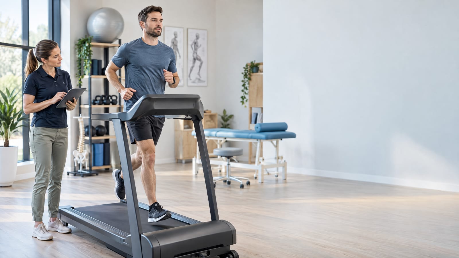 Physiotherapist assessing a runner's movement